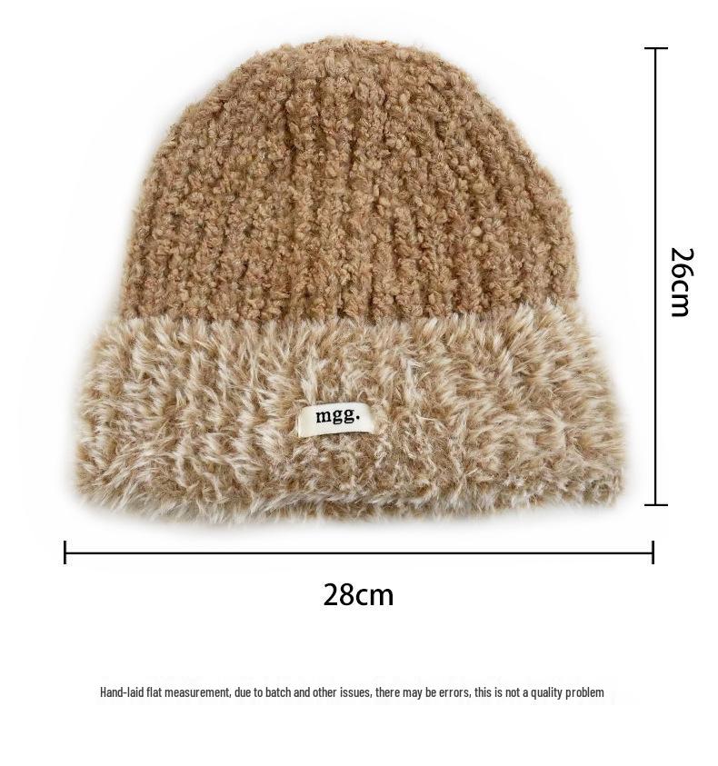 Cat Brother Korean Style Knit Hat: Color Block Plush, Warm Wool, Women's Large Head Circumference