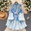 Summer Spring Women Lantern Sleeve Stand Collar Print Mini Short Beach Party Dresses With Belt