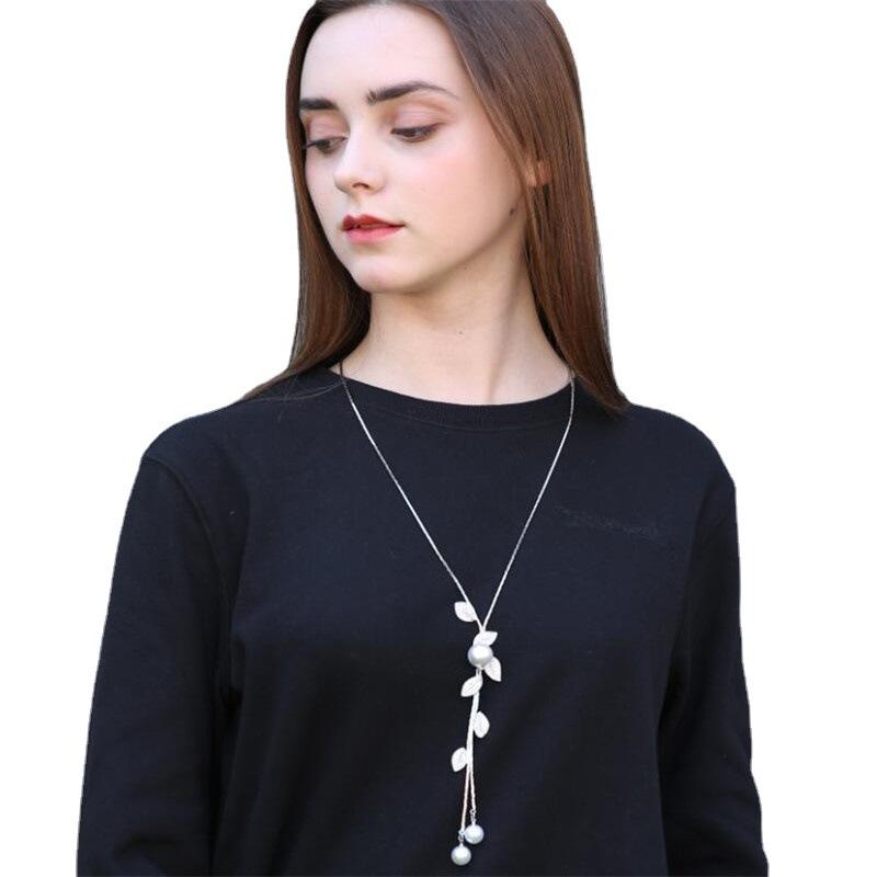 Japan and Korea fashion personalized leaves summer festival high-rise pearl fringed sweater chain long versatile accessories necklace
