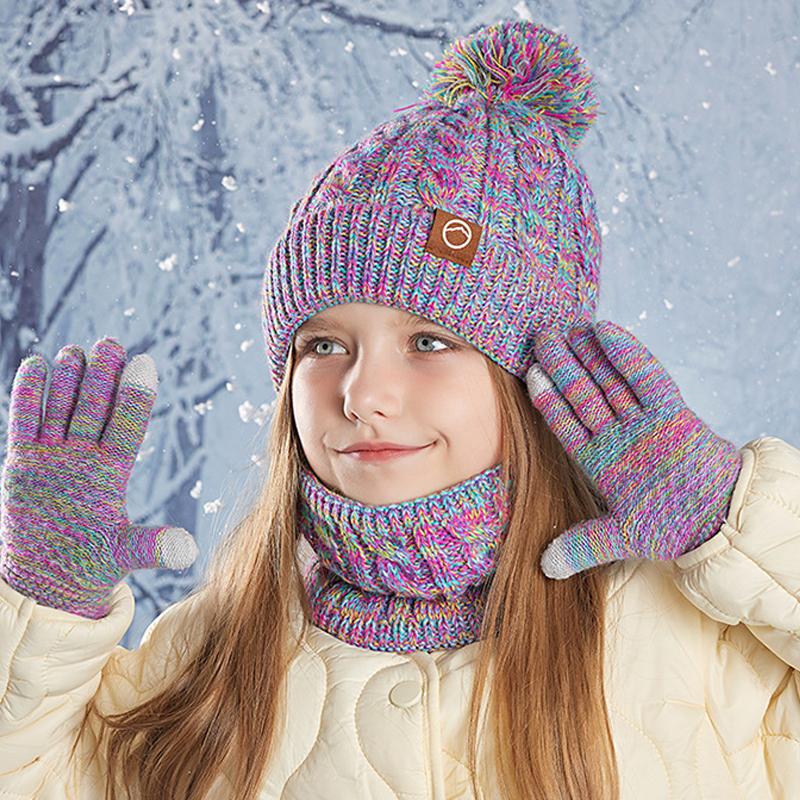 Children's Cap Scarf Gloves Three-Piece Set Coldproof Wool Cap Boys Girls Outdoor Warm Knitted Hat