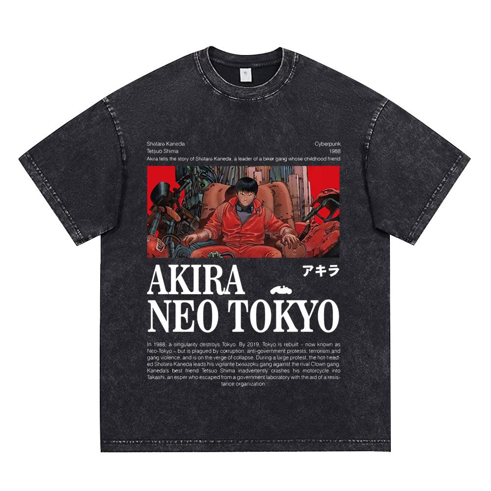 Akira Anime Tshirt Men Vintage Washed Black Oversized Streetwear Cotton Short Sleeve Graphic Tees Unisex Tops