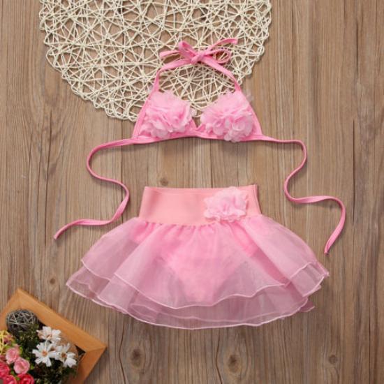 2Pcs Baby Summer Swimwear, Solid-Color Hanging-Neck Floral Top + Tutu Skirt