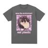2025 Summer Save The EnvironUnisext Eat Plastic Cute Cat Graphic T Shirt Funny Unisex Women ONeck 100 Pure Cotton Printed Tshirt