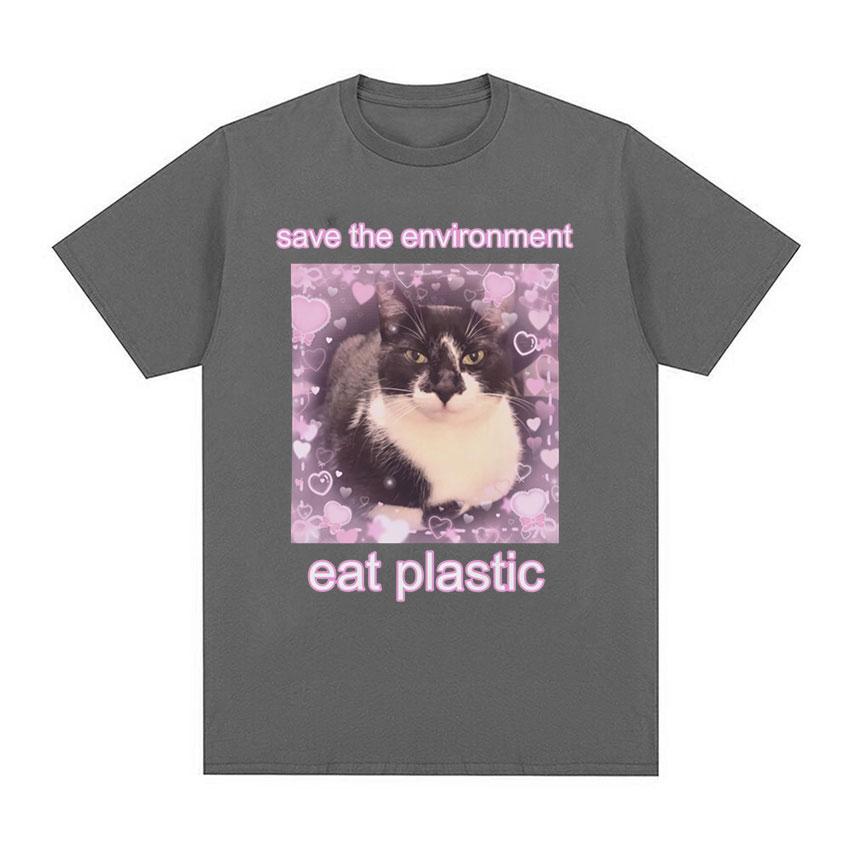 2025 Summer Save The EnvironUnisext Eat Plastic Cute Cat Graphic T Shirt Funny Unisex Women ONeck 100 Pure Cotton Printed Tshirt