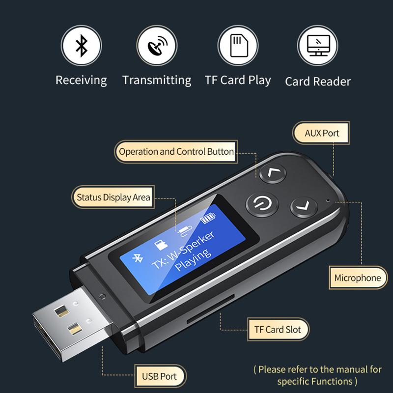 VAORLO ЖК-дисплей Bluetooth 5.0 Аудио передатчик Приемник USB 3,5 мм Стерео музыка Беспроводной адаптер 2-в-1 Plug and Play TF Card Play для наушников