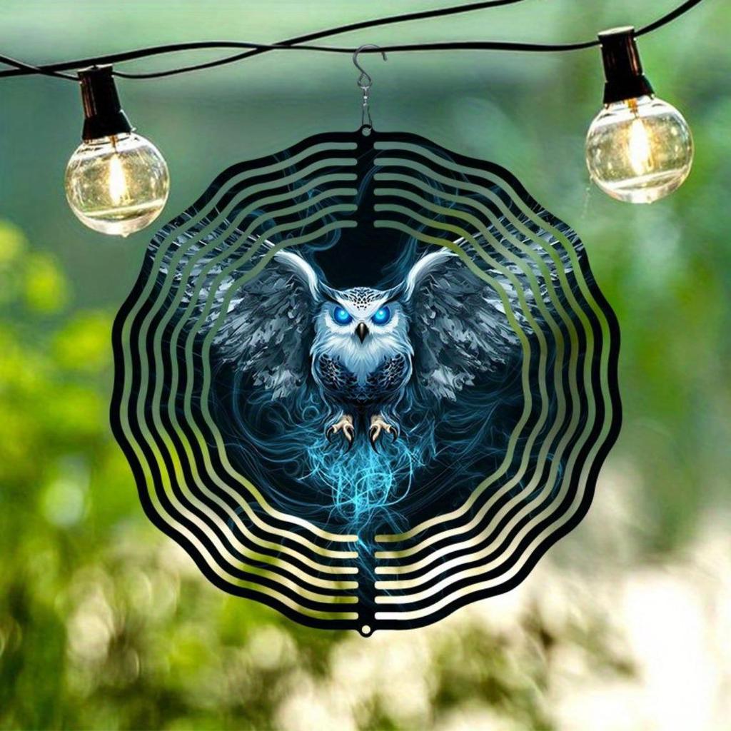 3D Hanging Garden Wind Chime Metal Wind Spinner with Ice Blue Phantom Owl Pattern for Outdoor Yard Decoration No Power Required