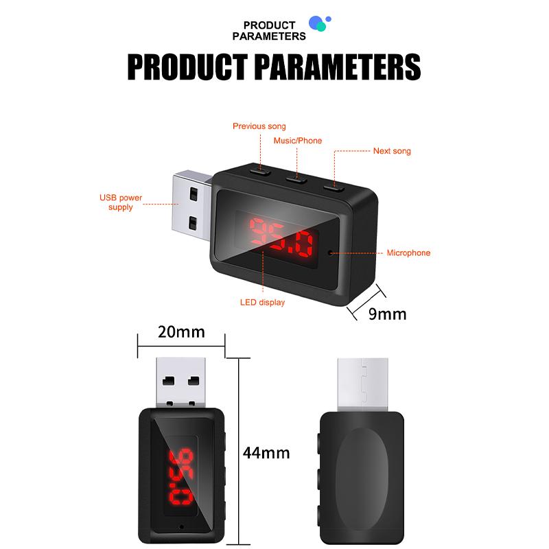 Автомобильный Bluetooth 5.3 FM-передатчик USB беспроводной аудиоадаптер с микрофоном Hands-Free звонки музыка для автомобильной аудиосистемы