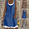 Женское платье без рукавов из двух частей, летнее повседневное платье с круглым вырезом, джинсовый принт, свободное мини-платье А-силуэта