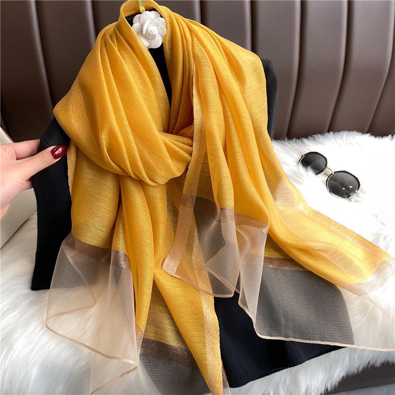 Korean Style Versatile Silk Scarf: Long Gauze Scarf with Gold Sequin and Wool Blend for Spring and Autumn.