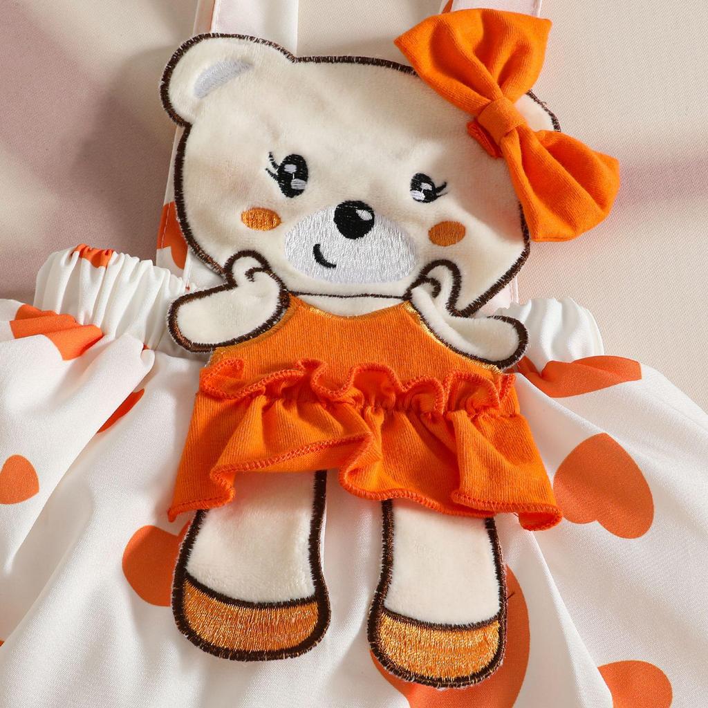 Sweet Cartoon Bear Baby Girl Summer Skirt Set - Includes Solid Color Short-Sleeved Top, Suspender Skirt, and Hairband.