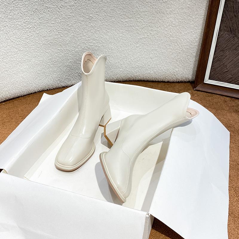 White Short Boots Women's Martin Boots Autumn and Winter New Square Head Thick Heel Small Short Boots Thin Boots High Heel Small Bare Boots