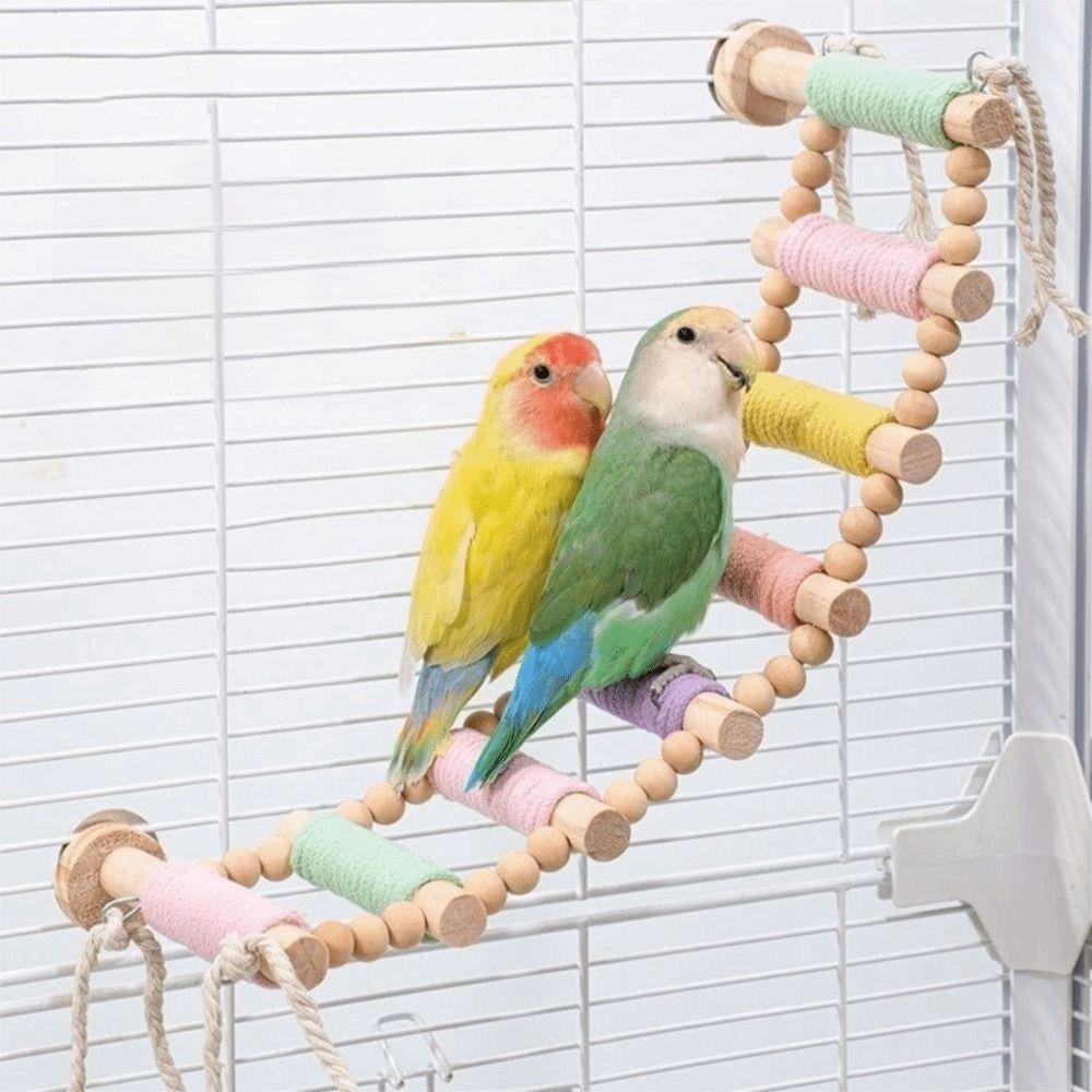 5/8/10 Steps Bird Cotton Rope Ladder Hanging Wood Bird Perch Safe Parrot Climbing Toy Cockatiels