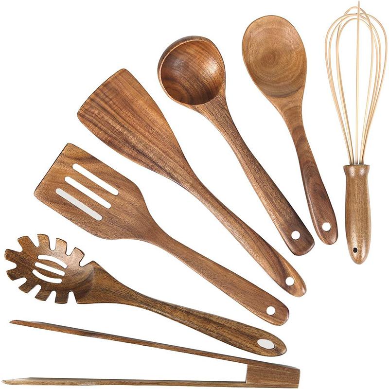 LMETJMA 10 Pack Natural Teak Wooden Kitchen Utensil Set Wooden Spoons Spatula Cooking Utensil Set For Cooking Baking JT503 4