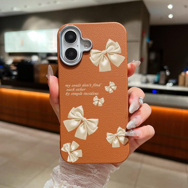 Однотонный чехол для телефона с бантом и узором для iPhone 16 Pro 15 14 Plus 13 12 Pro Max 11, противоударный кожаный текстурный мягкий тонкий матовый чехол из ТПУ