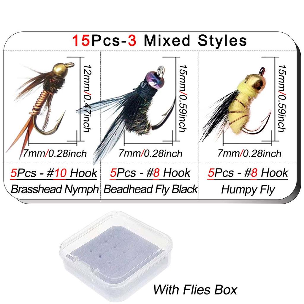 15Pcs/Box Brass Bead Head Fast Sinking Fly Fishing Bait/Humpy Fly Bait Fishing For Trout Flies Artificial Insect Fishing Bait Lure