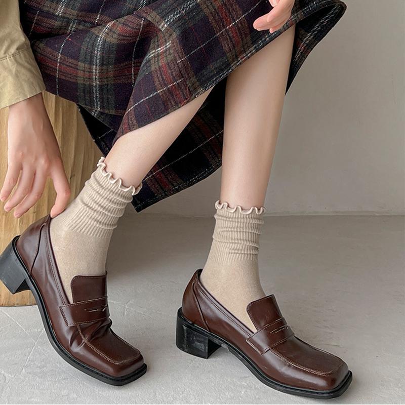 6 пар носков средней длины с оборками Женские дышащие однотонные носки Комплект Черный Белый Кофе Бежевый Свободные махровые носки Влагоотводящие