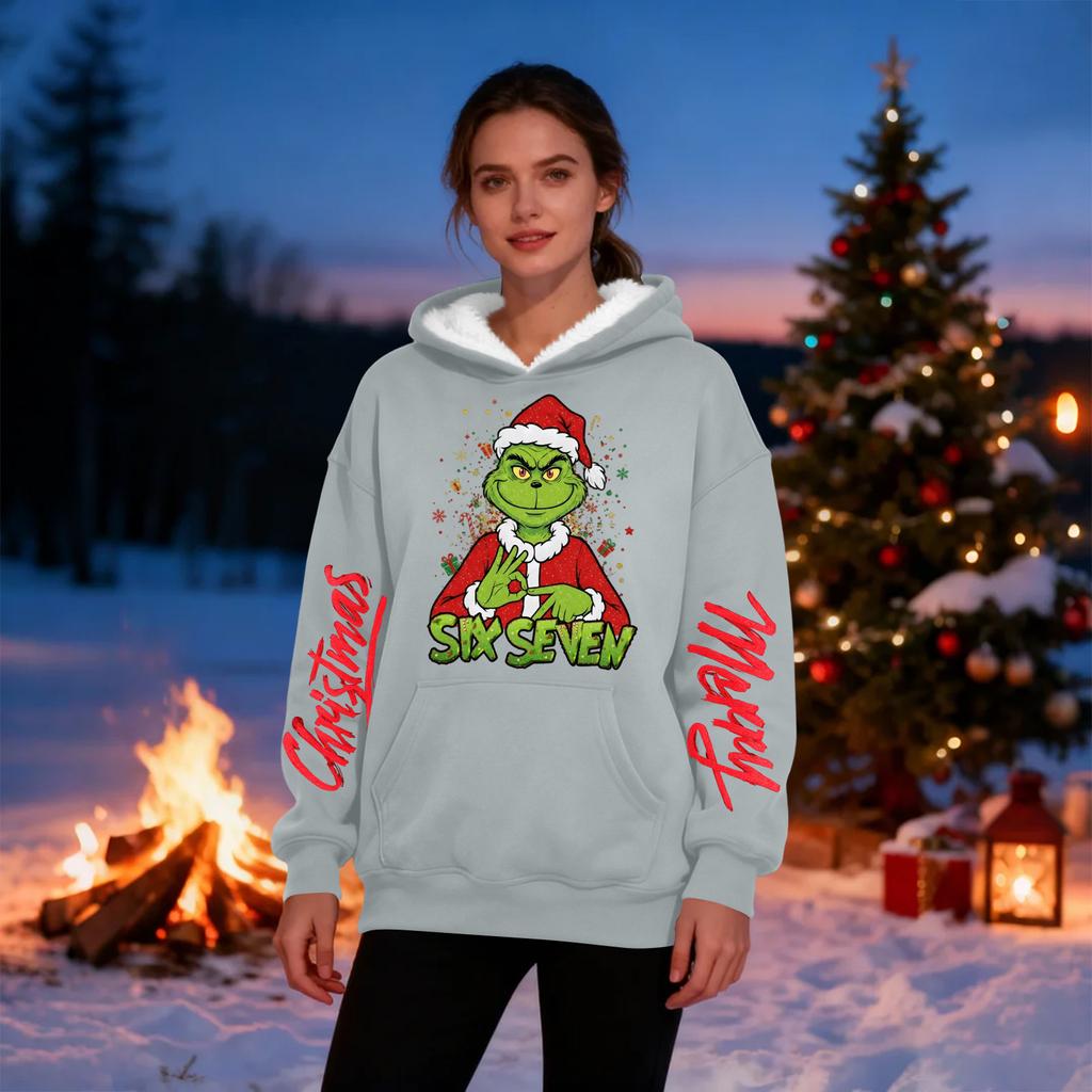 Женская повседневная модная толстовка с капюшоном большого размера, утепленная флисом, с рождественским принтом