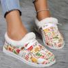 2024new Women Christmas Style Print Canvas Shoes Winter Warm Fleece Lined Loafers Cozy Slip On Plush Christmas Warm Canvas Shoes