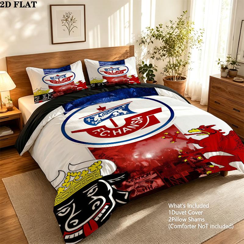 Fc Hansa Rostock Pattern Bedding Quilt Set Quilt Cover Pillowcase Home Birthday Gift(1 * duvet cover + 2 * pillowcase, without core)