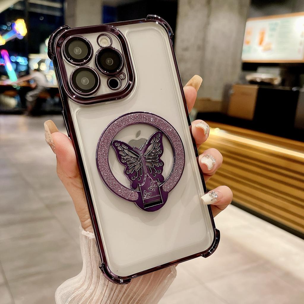 Applicable to iPhone16ProMax mobile phone case butterfly glitter bracket Apple 15 four corners anti-drop protective case
