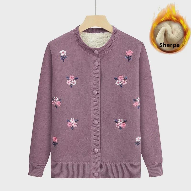 Middle-aged & Elderly Women's Plus Velvet Knitted Cardigan - Autumn/Winter Round-Neck Sweater