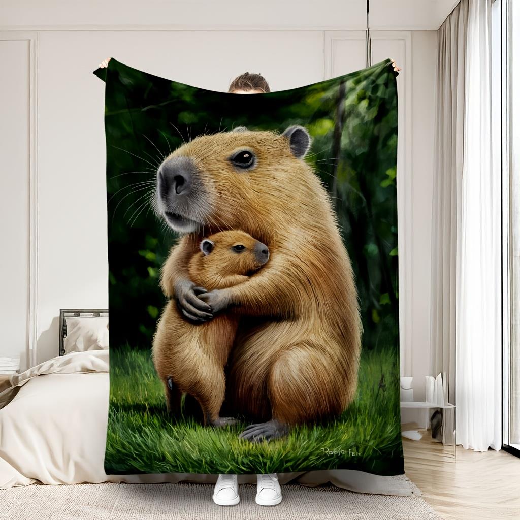 1pc Single/Double Person Blanket with a Heartwarming Capybara Holding a in a Grassy Forest Scene Pattern Soft Throw Blanket Flan