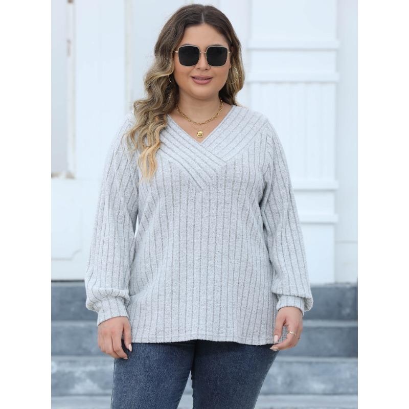 Women's Casual Autumn and Winter Big Size Striped V-neck Cross Bottoming Pullover Jumper