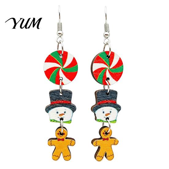 Christmas Fashion Jewelry 1 Pair Wooden Dangle Drop Earrings for Women, Cute Santa Holiday Wood Gingerbread Candy Cane Earrings, Vintage Winter Party