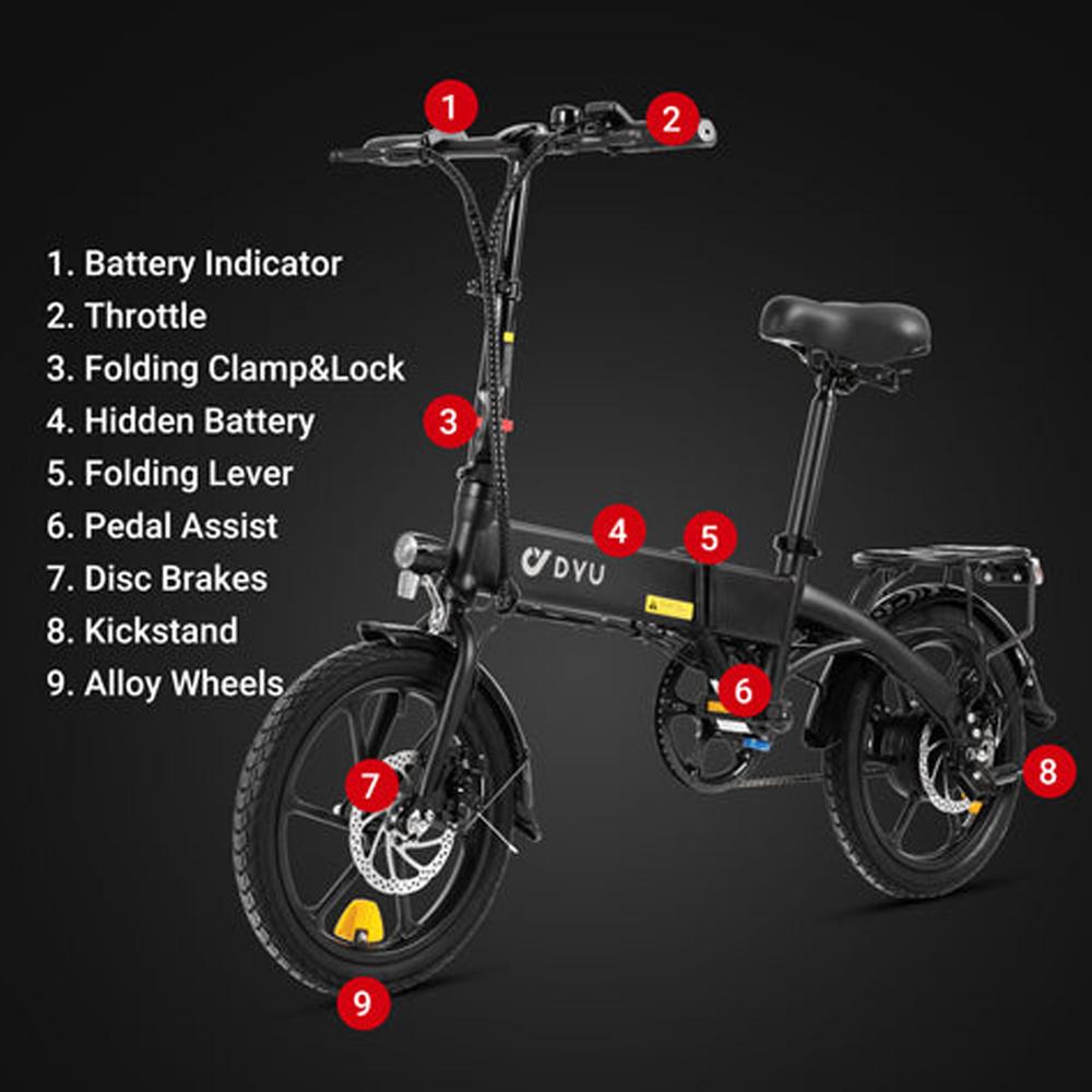 Electric Bike DYU A1F Pro 16" 250W Motor 7.5AH Foldable E-Bike Max Range 60Km Load 120Kg Black
