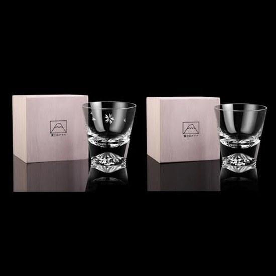 Mount Fuji glass Sakura kiriko rock pair high quality handmade artisans paulownia box 270cc 2 pieces