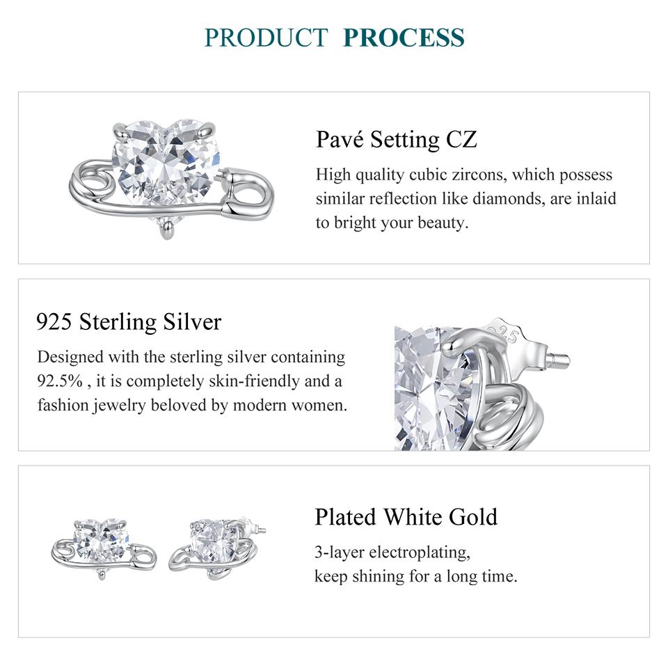 WOSTU Real 925 Sterling Silver Safety Pin Earrings CZ Ear Studs Minimalist Wedding Paperclip Earring Statement Jewelry Gift