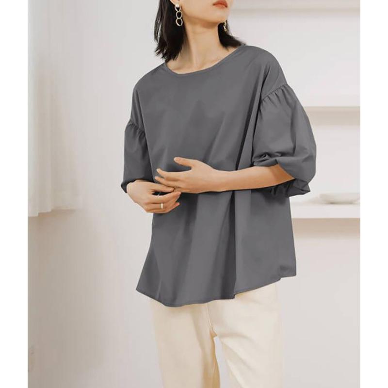 Crew Neck Shirt Women's Japan and Korea Summer Loose Cotton Oversized Lantern Sleeve Top Popular