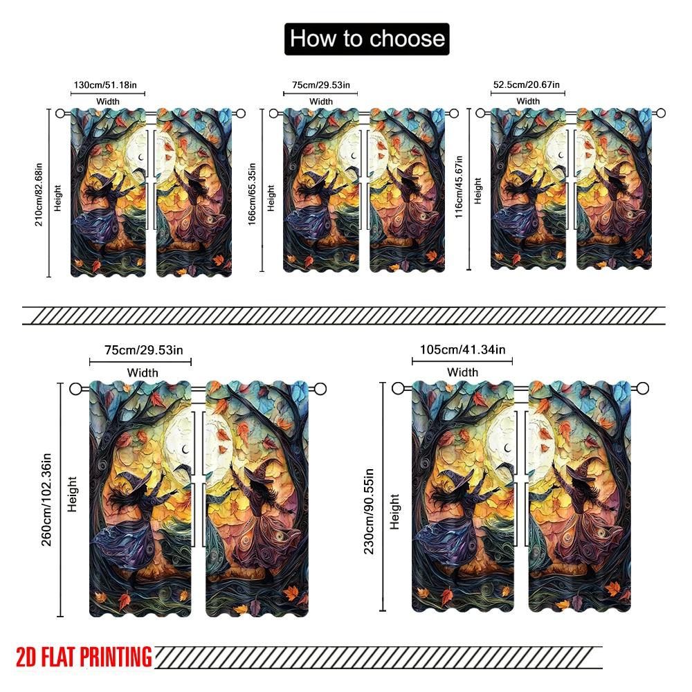 2pcs 2D flat printing Halloween Scene Curtains Witches dancing under the full moon 100% Polyester Fabric Without Electricity 0