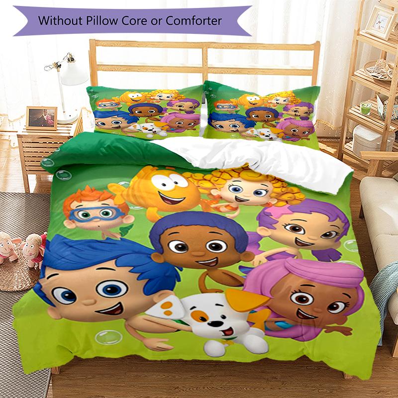 3pcs Bubble guppies Design Cover Set - HD Printed Bedding with 1 Cover and 2 Pillowcases - Perfect for Home and Dorm Decor