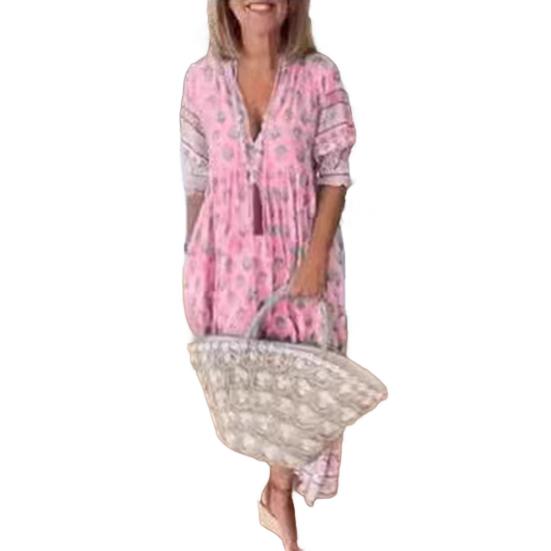 Yousheng Summer Spring Maxi Dress V Neck Bohemian Style Lantern Sleeves A-line Big Swing Pleated High Waist Printing Dress