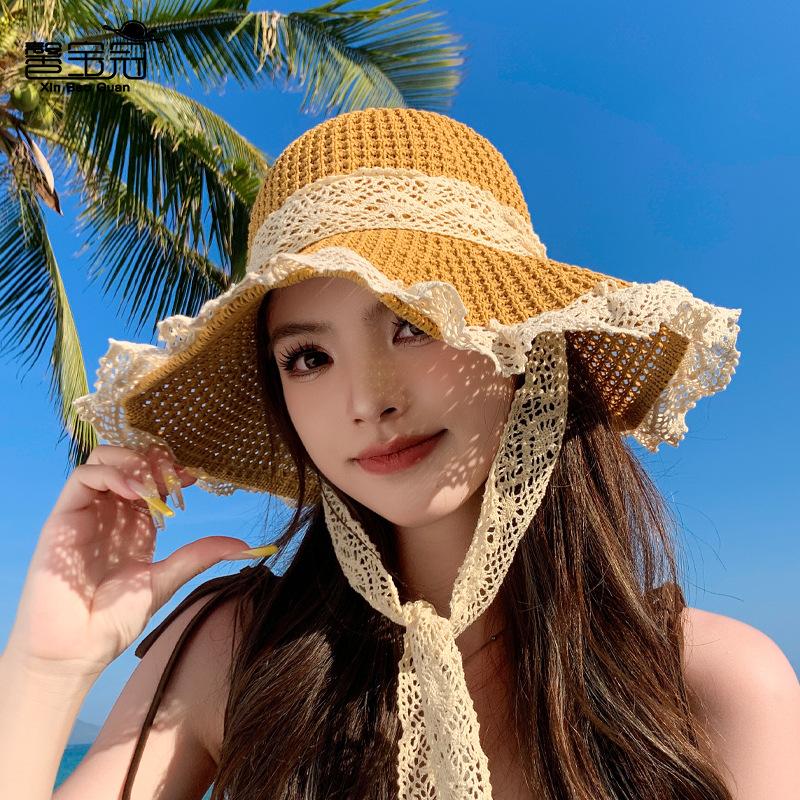 Summer Beach Seaside Sun Hat Lace Big Brim Straw Hat Women Outdoor Outing Versatile Sun Hat