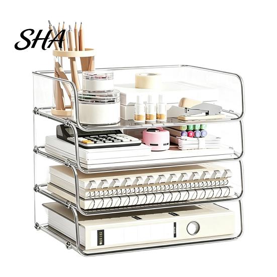 Desk Space Saving Box Clear Acrylic File Organizer Tray, 1/2/3/4/5 Tier Paper Ducument Compact Storage Box, Stackable Office Supplies Rack Desktop