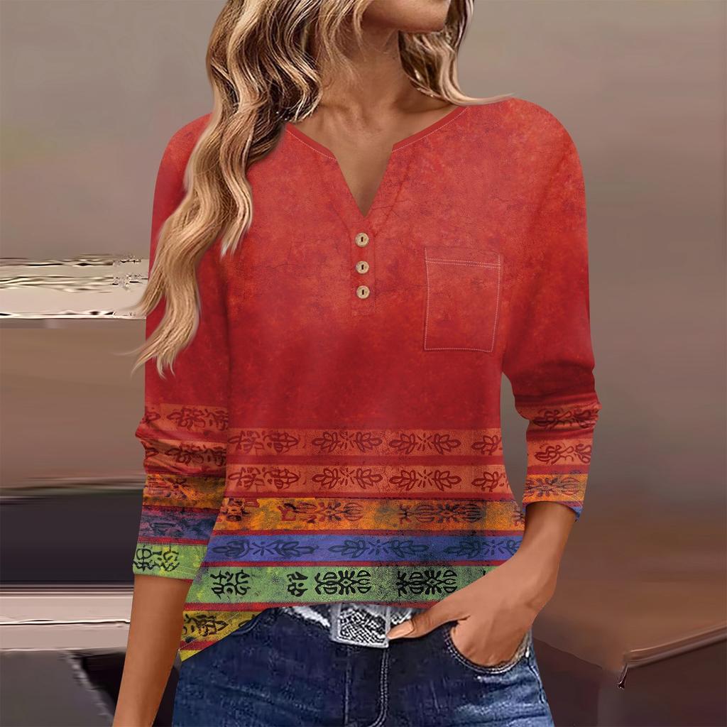 Женская футболка с длинным рукавом на пуговицах, повседневная, выходного дня, модная, базовая, с V-образным вырезом, обычная, с карманом
