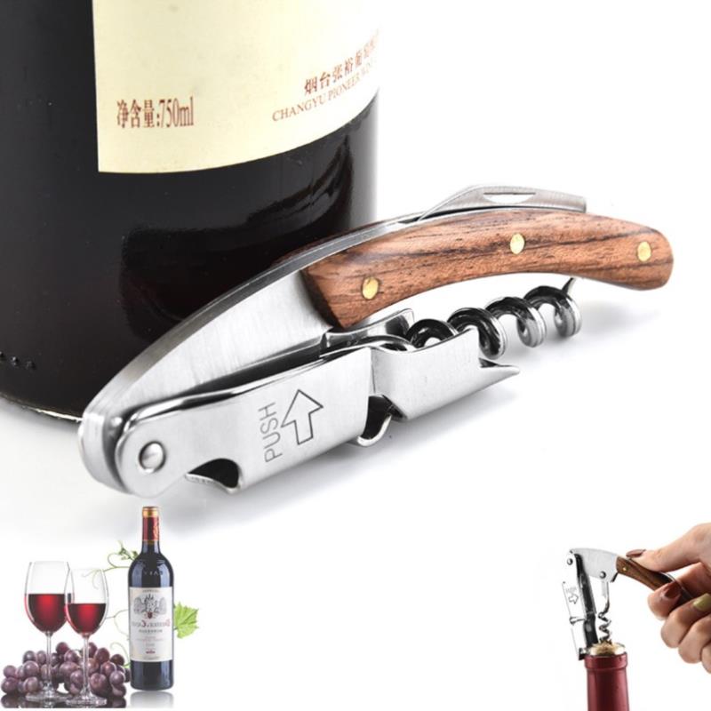 Kitchen Wine Bottle Opener Wood Handle Corkscrew Open Easy Stainless Steel Knife