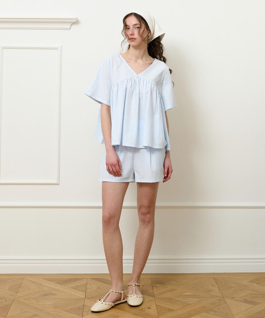 LETTRE DE LE TOILE Clover Pintuck Shorts (Blue Stripe)