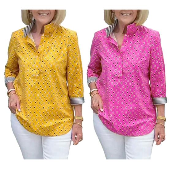 Свободный воротник большого размера с мягким точечным принтом-стойкой, рукав три четверти, дышащая повседневная полосатая пуговица средней длины