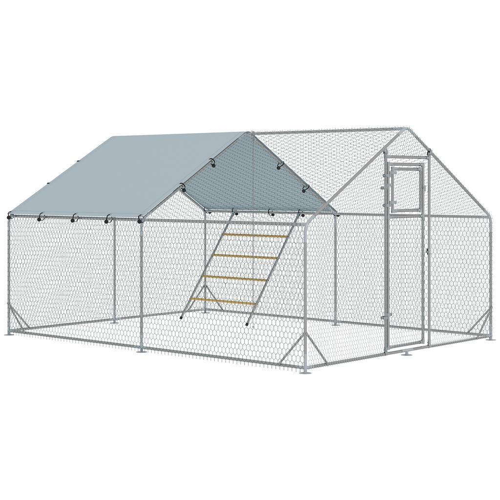 Chicken Coop Enclosure, 12 m2, Wire Mesh, Perch, Galvanized Steel, 300 x 400 x 195 cm, Silver