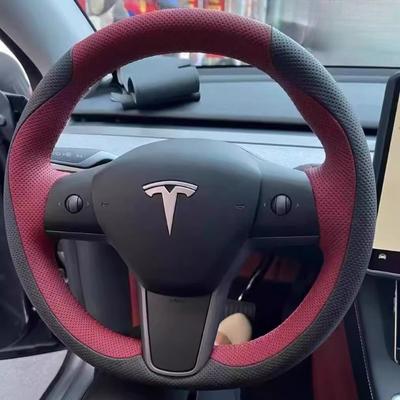 Для Tesla Model 3 Model Y 2018- Черно-красная кожаная чехол на руль автомобиля, сшитый вручную, нескользящий