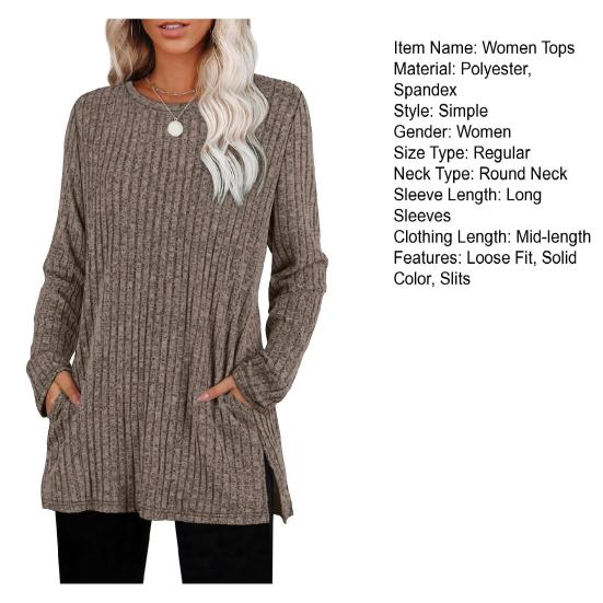 Женские туники с круглым вырезом, длинными рукавами, вязаные топы с боковыми карманами, однотонные, повседневные, полосатые блузки