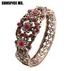 Turkish Vintage Bangle Cuff For Women Antique Gold Color Rhinestone Hollow Flower Bracelet Bangle Retro Wedding Jewelry