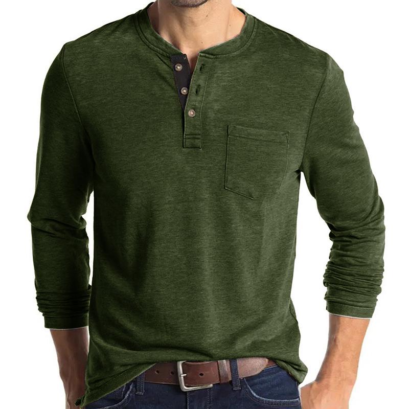 Beauty Vintage Casual Round Neck T-shirt Men's Solid Button Patchwork Pocket Trendy Versatile Cotton Breathable Long Sleeve Top