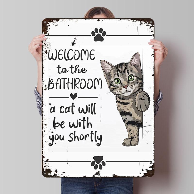 Welcome To the Bathroom Cat Sign Poster Customized Wall Art Vintage Metal Signs Retro Tin Plaque for Man Cave Decoration Gaming