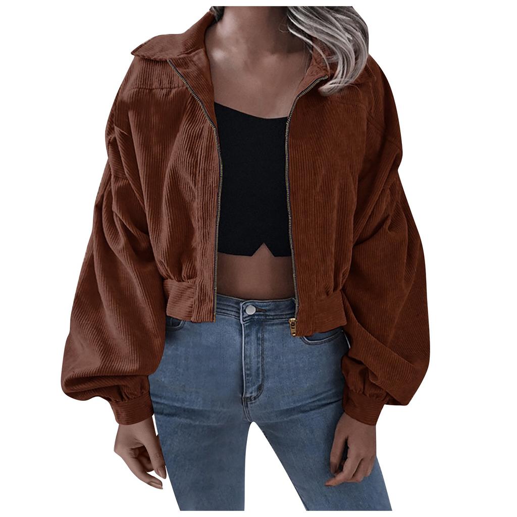 Женская осенне-зимняя вельветовая однотонная куртка на молнии с длинными рукавами и лацканами