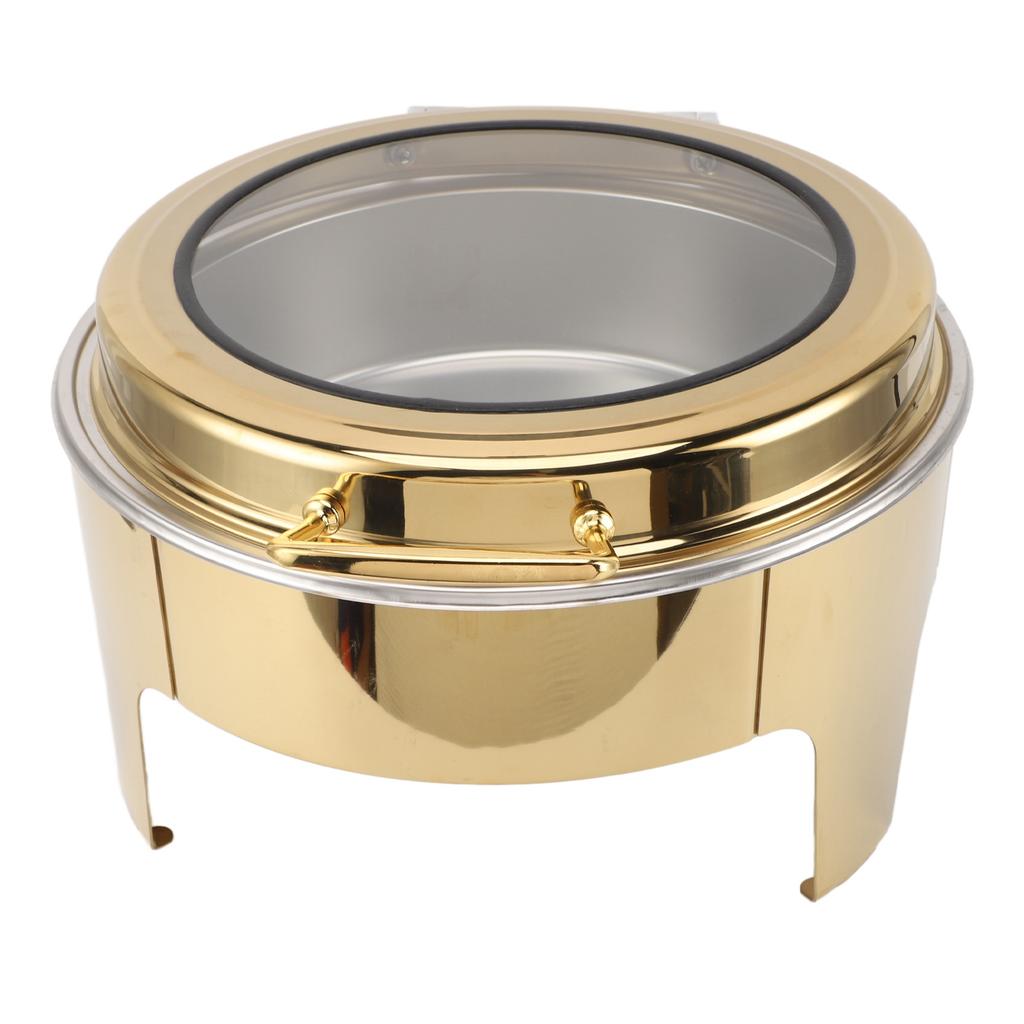 Круглый шведский стол, жаровня, золотистый, визуальный, откидная крышка на 90 градусов, нержавеющая сталь, 6 л, подогрев для алкоголя, шведский стол