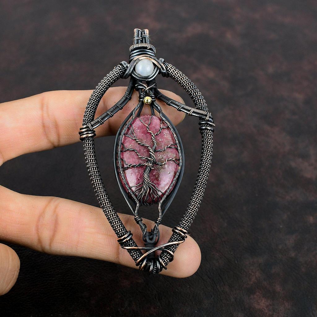 Tree Of Life Rhodonite Pendant Copper Wire Wrapped Pendant Handmade Rainbow Moonstone Pendant Copper Wire Jewelry Gemstone Pendant For Gift